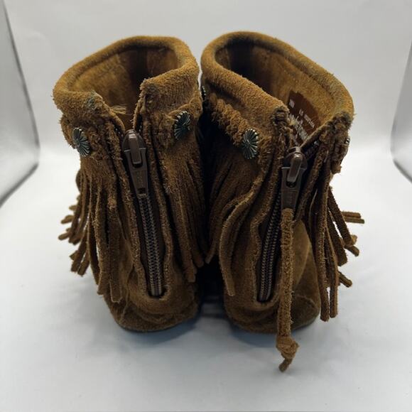 Minnetonka 293 Fringe Ankle Booties Zip Up Leather Womens 6.5 Brown Moccasin - Picture 7 of 7
